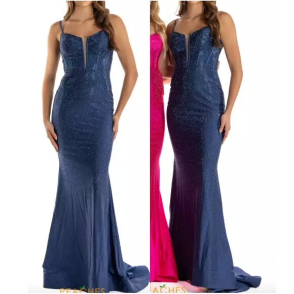 SHERRI HILL #55519 navy blue crystal embellished corset fitted gown - Picture 2 of 13